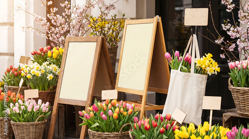 Flower Shop Display: Blank Signs, Colorful Blooms, and Springtime Charm