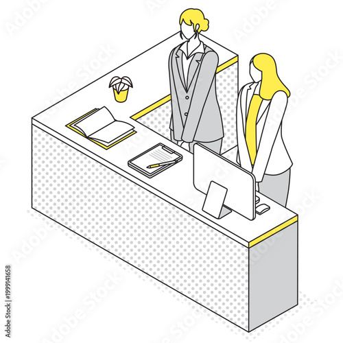L字型受付カウンターでお客様を待つ2人の女性スタッフのアイソメトリック線画イラスト