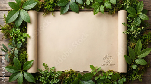 Vintage Scroll Surrounded by Lush Green Leaves and Natural Elements