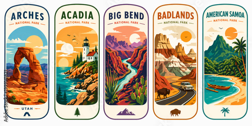 Bild auf Leinwand Collection of National Park Vintage Style Labels: Arches, Acadia, Big Bend, Badl