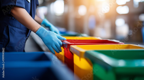 Faceless worker in safety gloves sorting recyclable waste into colored bins in an indoor warehouse with natural sunlight for an environmental sustainability concept. Defocused