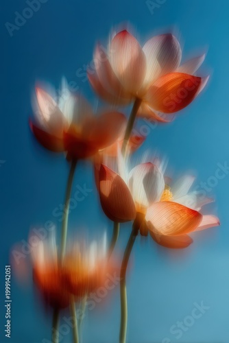 Soft Focus Pink Lotus Flowers on Blue Sky Background