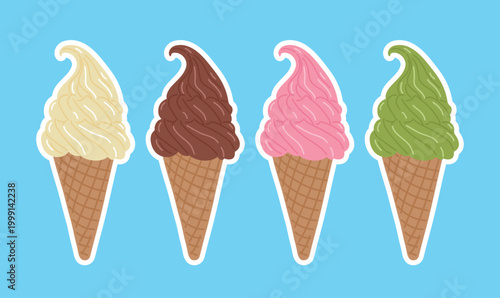 Set of four soft serve ice cream cones in vanilla, chocolate, strawberry, and green tea flavors. Cute vector illustration of colorful desserts on a blue background.
