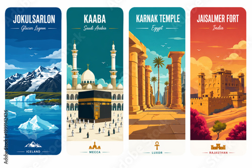 Travel Landmark Icons: Jokulsarlon Glacier, Kaaba, Karnak Temple, Jaisalmer Fort Vector Set