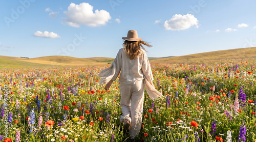Woman in a field of wildflowers enjoying the sun and nature's beauty.