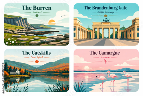 Collection of Famous Travel Destinations: Ireland, Germany, USA, France Vector Illustration