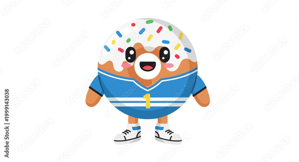Fototapeta premium Cute cartoon donut character in a blue sports uniform, smiling, white background.