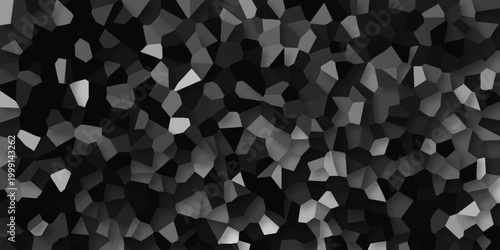 Dark abstract mosaic background with irregular polygons in deep black and grey tones with subtle white accents creating a dramatic textured geometric pattern