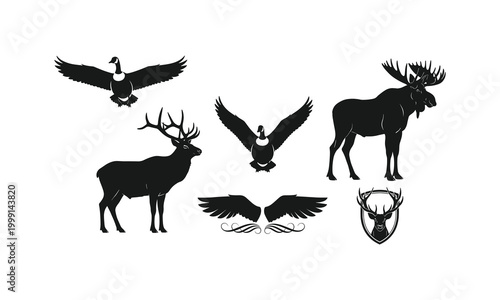 Canadian wildlife silhouette vector set, moose, deer, geese and wings illustration.