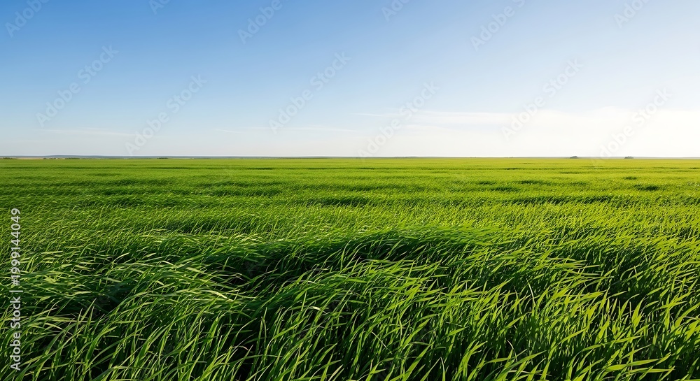 Fototapeta premium Vibrant green grass field under clear blue sky with sunny weather conditions