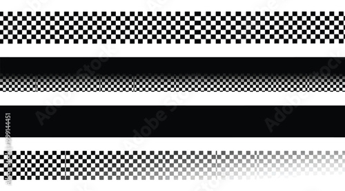 Set of checkered flag patterns, racing finish line borders, black and white square grid ribbons, vector design elements