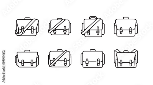 Collection of modern messenger bag outlines with straps and handles on a white background