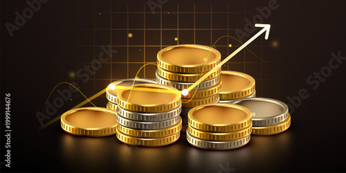 Golden coin stacks with rising growth chart arrow showing financial success and profit. Vector illustration