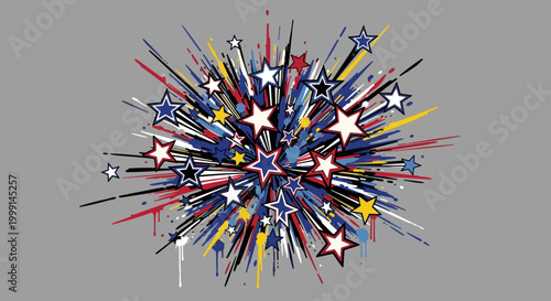 Colorful starburst with white stars.