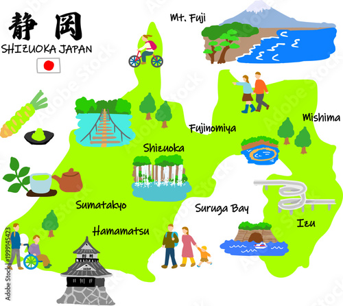 静岡旅行、手描きの観光スポットと観光客フラットイラスト
