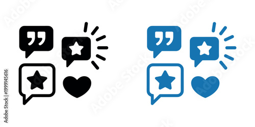 Black and blue speech bubbles with stars and hearts quotes symbols in white background