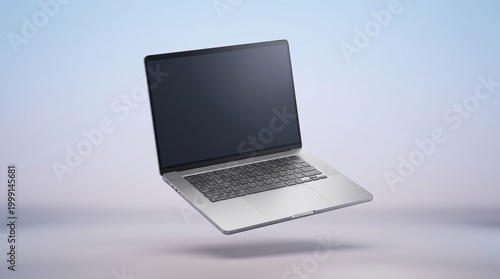 Floating laptop mockup isolated on soft background, modern tech presentation