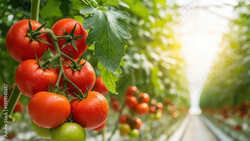 Ripe red tomatoes on the vine in a sunny greenhouse