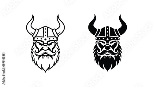 Viking warrior head mascot logo design featuring horned helmet and fierce bearded face in linear and solid black graphic styles