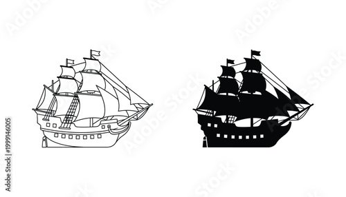 Vintage sailing ship with full sails in outline and solid black silhouette vector design