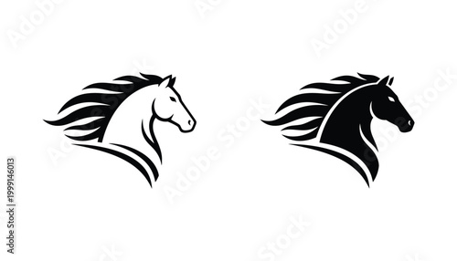 Elegant horse head profile with flowing mane in linear and solid black vector style