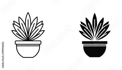 Potted houseplant with spiky leaves in minimal outline and solid black silhouette style