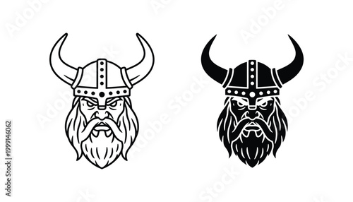 Detailed viking warrior head mascot logo design available in both line art and solid black silhouettes for gaming clans or historical themed apparel branding isolated on white background