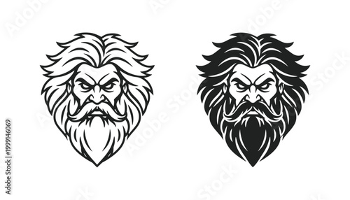 Powerful old man face with long hair and beard illustration in black and white style suitable for mystical character design or fantasy themed branding isolated on white background