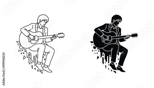 Young man playing acoustic guitar illustration in outline and solid black styles