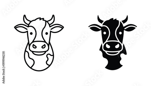 Cow head icon set in outline and solid black vector graphic for dairy farming branding