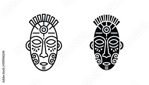 Tribal african mask icon in outline and solid black for ethnic artistic designs