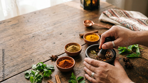 Hands preparing herbal medicine with mortar.