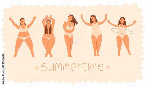 Summer illustration of girls in swimsuits in a flat style. A set of women enjoying a vacation.