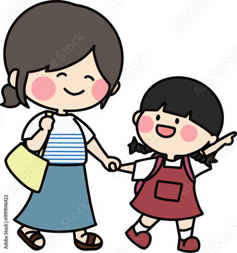 手をつないで仲良くお出かけする母親と娘のイラスト