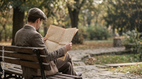 Man reading a newspaper on a park bench.