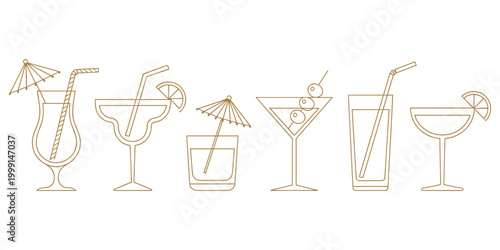 Collection of six golden outline cocktail glasses with garnishes and straws drink beverage
