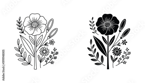 Floral bouquet arrangement with daisy and wildflower elements in clean vector line art and solid black silhouette