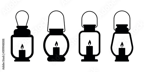Four black silhouettes of lanterns with candles white background