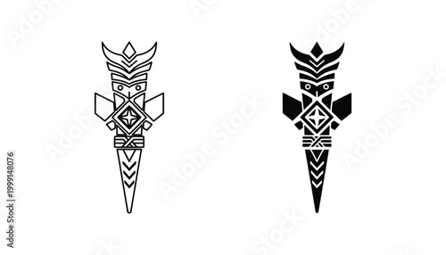 Tribal totem pole design and silhouette with intricate patterns and a pointed base for cultural or spiritual themes