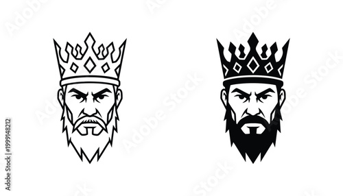 Stylized regal king head illustration featuring a majestic crown and a distinguished beard in a monochrome vector design perfect for royal themed branding or historical projects
