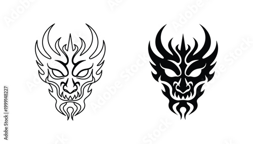 Fierce tribal dragon mask illustration depicting a powerful mythical creature with sharp horns and an intense gaze in a striking black and white vector art style