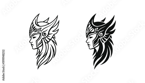 Majestic Valkyrie warrior woman profile illustration wearing an elaborate winged helmet and flowing hair in a powerful black and white vector art design