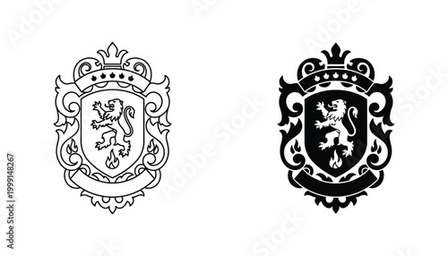 Ornate heraldic shield emblem illustration featuring a rampant lion and a decorative crown in a regal black and white vector design for nobility or tradition