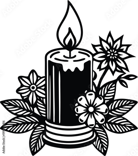 Black candle, flame, flowers, leaves, vector icon, line art, black and white illustration, decorative symbol