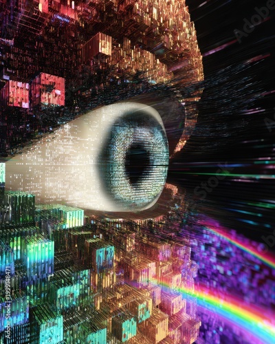 Digital Eye Observing Abstract Data Cityscape