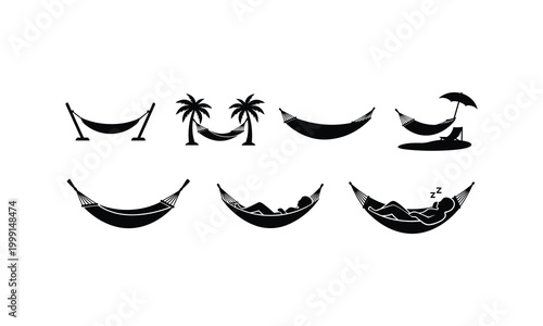 Hammock relaxation vector silhouette collection showing people resting under palm trees.