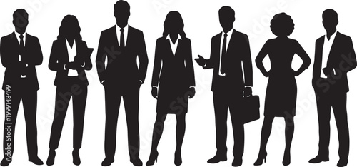 Diverse group of professional business people silhouettes standing together in formal suits for corporate teamwork, leadership, and successful career representation.