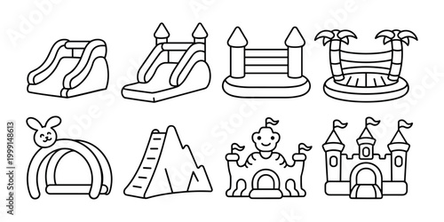 Set of eight black line of inflatable bounce houses and slides inflatable slide castle bounce house tropical bounce house