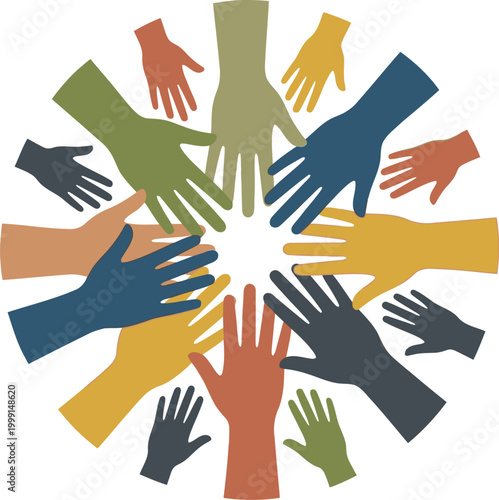 Hands reaching toward the center create a radial pattern that highlights the importance of teamwork and collective community action for shared goals.