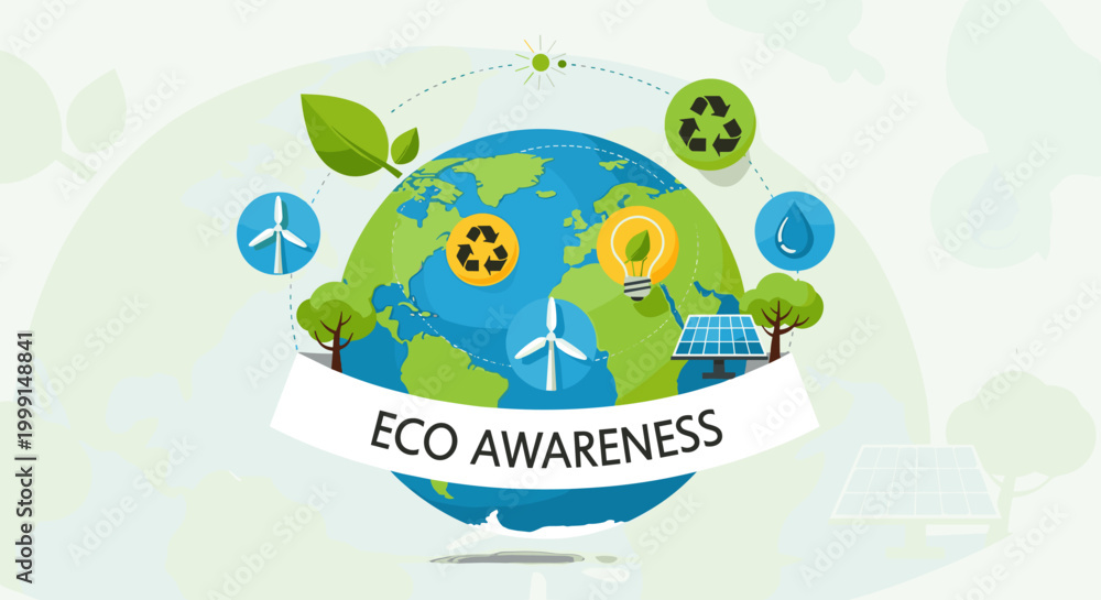 Fototapeta premium Eco awareness concept with a green earth globe surrounded by environmental sustainability icons and a banner.